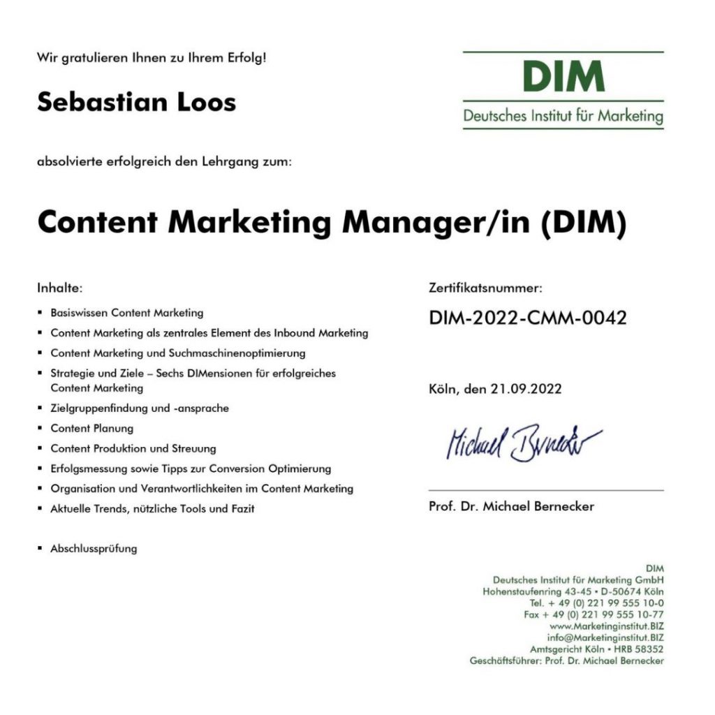 Zertifikat Content Marketing Manager